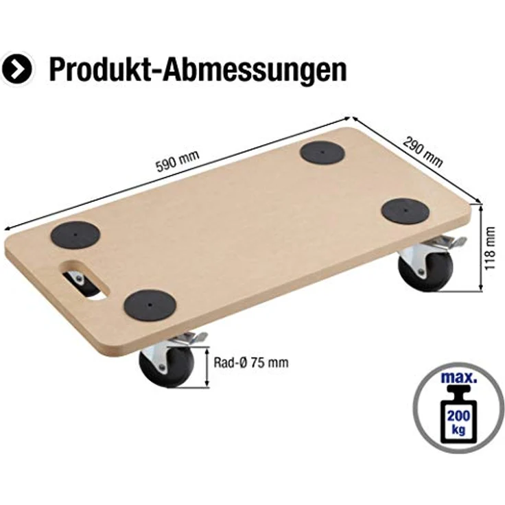 Metafranc Transportroller 590 x 290 mm - 200 kg Tragkraft - MDF-Platte - PP-Räder - Möbelroller mit Bremse - Transporthilfe für Umzug - Rollwagen für Möbel-Transport - Kistenroller aus Holz - 821400 – Bild 2