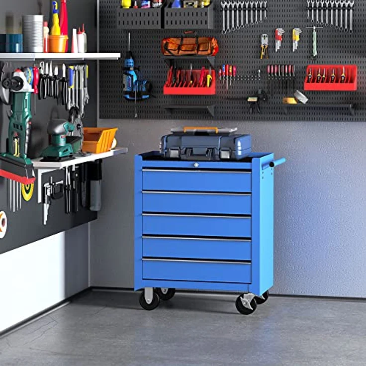 Homcom® Fahrbarer Werkstattwagen Werkzeugwagen Rollwagen Werkzeugkasten mit 5 Schubladen blau – Bild 3