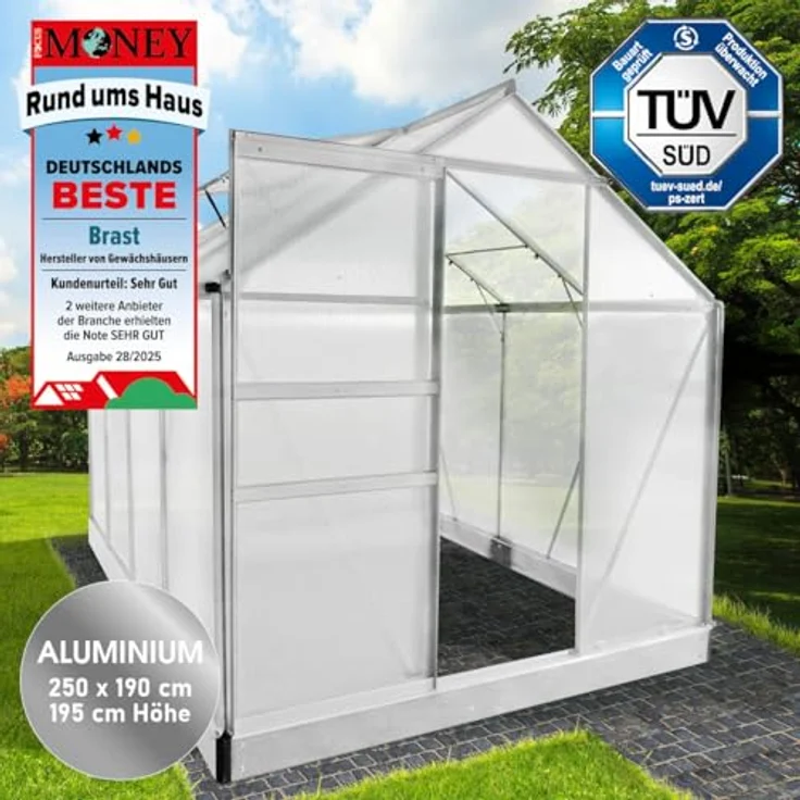 BRAST Gewächshaus Aluminium mit Fundament, 250x190x195cm, TÜV geprüft, 6mm Hohlkammerplatten, rostfrei und wetterfest, Silber – Bild 2
