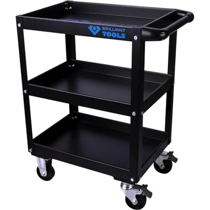 Brilliant Tools BT150900 Service-Wagen, Werkstattwagen mit 3 Ablagen und 40 kg Traglast, pulverbeschichtet, 4 Rollen mit Feststellbremsen, Höhe 85 cm