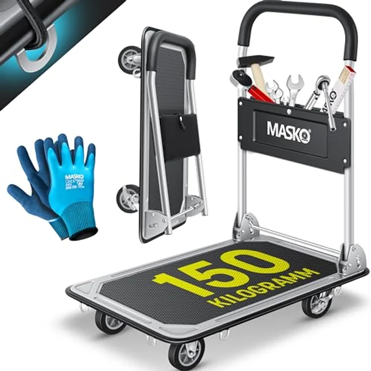 MASKO Klappbarer Plattformwagen, Transportwagen mit 150 kg Tragfähigkeit, inkl. Arbeitshandschuhe und Anti-Rutsch-Beschichtung – Bild 1