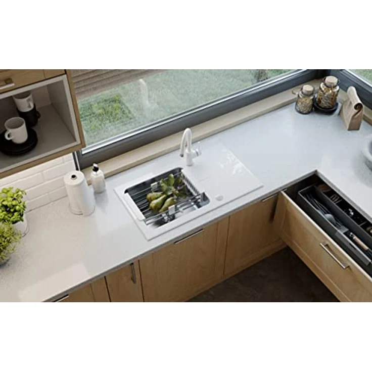 Quadron HUGH 111 Glasspüle Küche, 77 x 44 x 19 cm, Einzelbecken aus gehärtetem Glas, Weiß, rostfreier Edelstahl, fleckenbeständig und pflegeleicht – Bild 5
