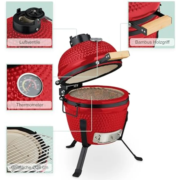 Relaxdays Kamado-Grill, Keramikgrill mit 26 cm Grillfläche, präzise Temperaturregelung und integriertem Thermometer – Bild 6