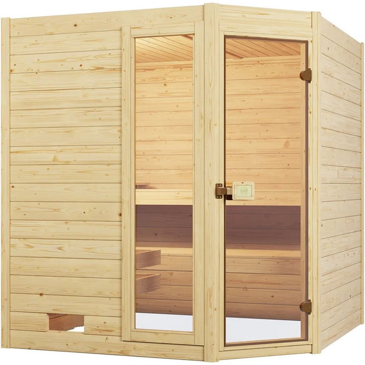Weka Sauna Massivholzsauna VALIDA Eck 1.8, 38mm Blockbohlen, Fensterelement, moderne Ganzglastür, naturbelassenes Fichtenholz