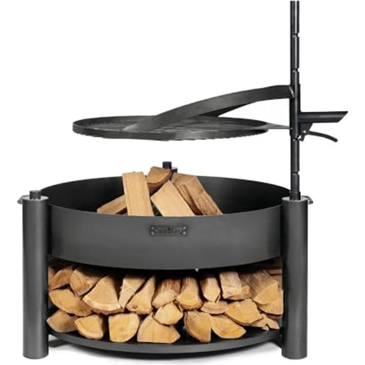 Cook King Feuerschale Montana X 60, handgeschweißt aus Rohstahl Ø 60 cm mit Holzlager, wetterfest, inklusive höhenverstellbarem Grillrost und Befestigungsmast für Garten Terrasse Outdoor – Bild 1