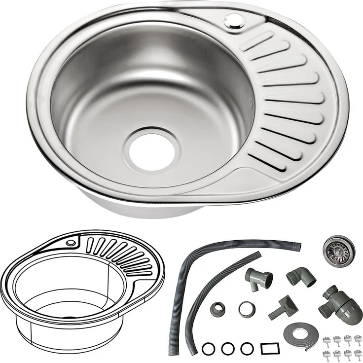 MUCOLA 57CM Edelstahlspüle LINKS Ablage Spülbecken Küchenspüle Rundbecken Einbauspüle – Bild 2