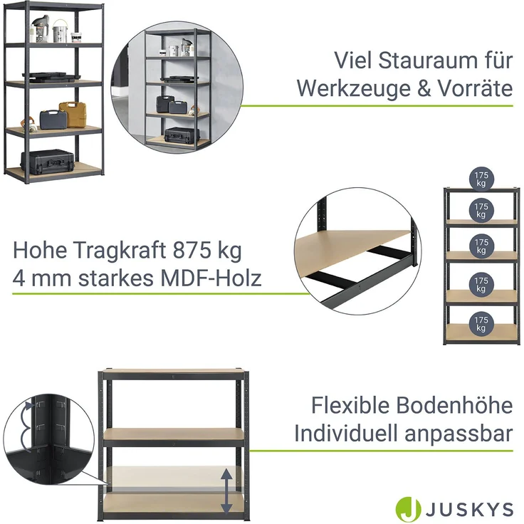 Juskys Lagerregal Basic 200x100x60 cm Schwerlastregal mit 5 Böden – max. 875 kg - Metall grau - Regale Kellerregal Metallregal – Bild 4