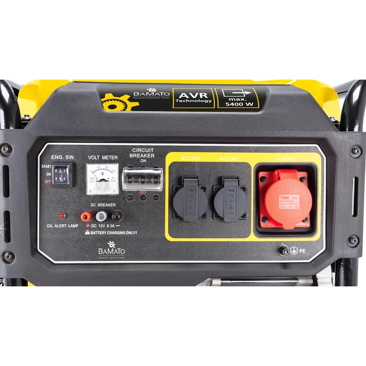 BAMATO Stromerzeuger BGE-5400 3-phasig 230 V, 400 V Dauerleistung 1700 Watt (230 V) / 5000 Watt (400 V) Seilzugstart, Elektrostart bei 3/4 Last 2,60 Liter / Stunde 89 kg – Bild 2