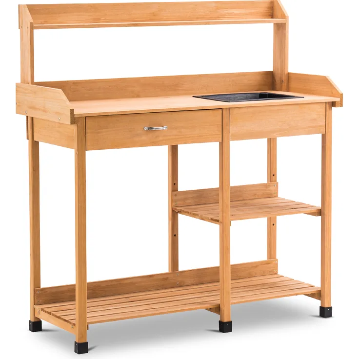 MCombo Pflanztisch Gärtnertisch Blumentisch 0458, mit Waschbecken Schublade und Ablagefläche Wetterfest, Holz, Natur, 115 x 45 x 121 cm