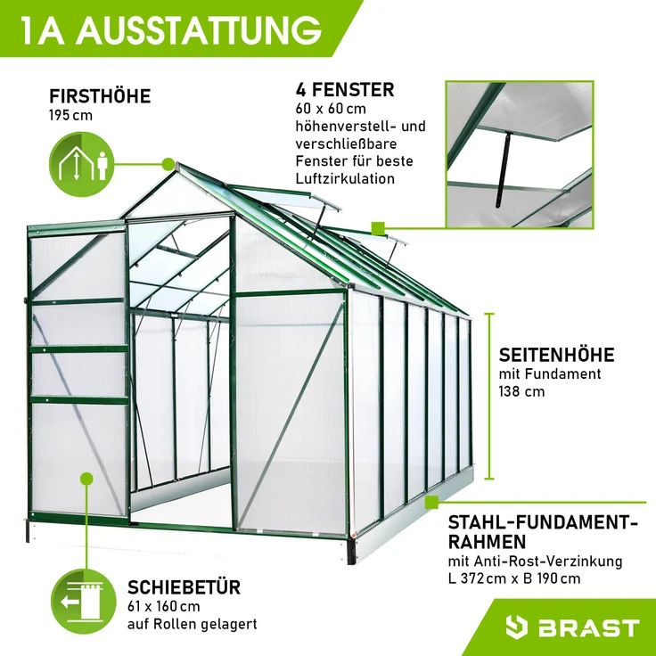 BRAST Gewächshaus Aluminium 380x190x195cm Grün mit Fundament rostfrei TÜV geprüft Alu Treibhaus Glashaus Tomatenhaus – Bild 7