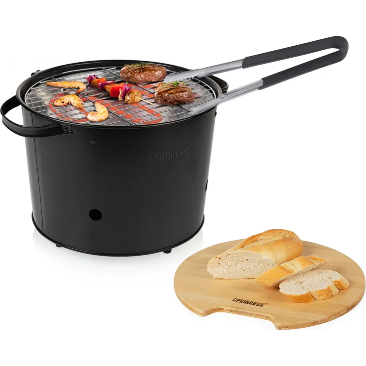 Hybridgrill rund Grillzange Elektro und Holzkohlegrill für Garten Balkon Camping