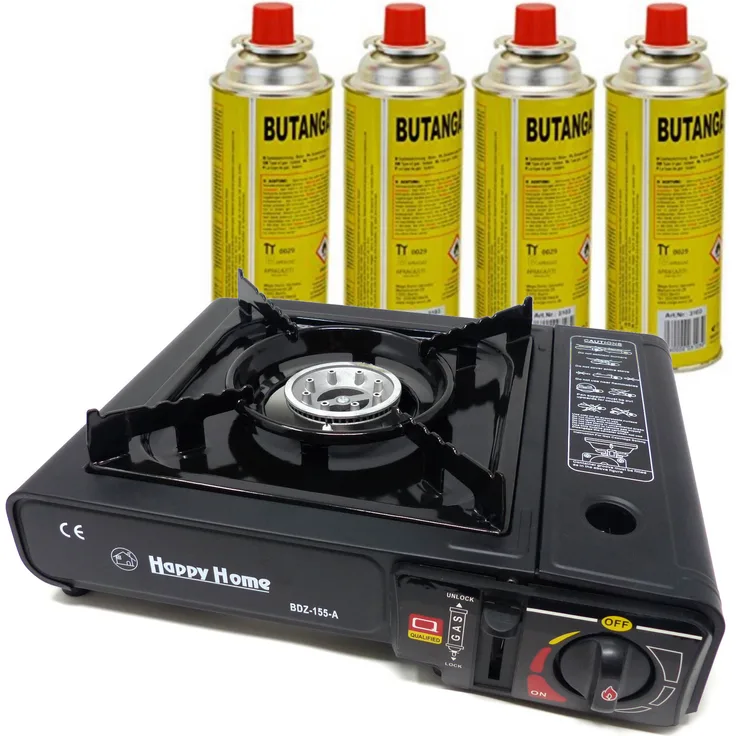 Gaskocher (inkl. Koffer) Schwarz ohne Grillaufsatz + 8 Gaskartuschen