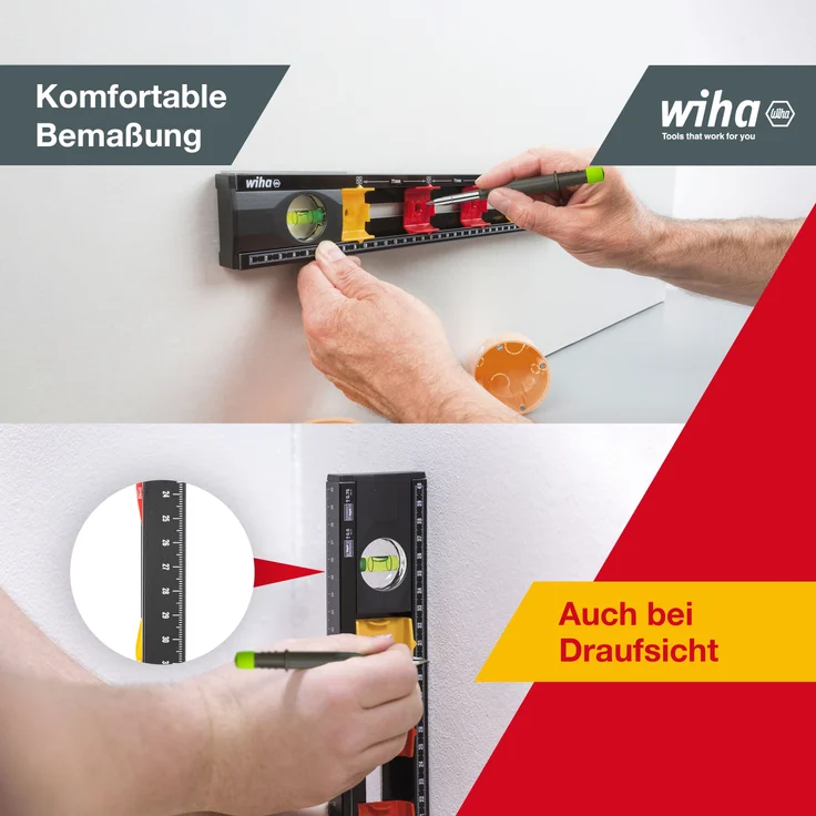 Wiha Wasserwaage Elektriker (42074) 40 cm für Profis, mit Markierungshilfe für Elektro Installationsarbeiten, Abstandmarkierung für Unterputzdosen und Hohlwanddosen, Elektroniker Bohrschablone für Steckdosen – Bild 16