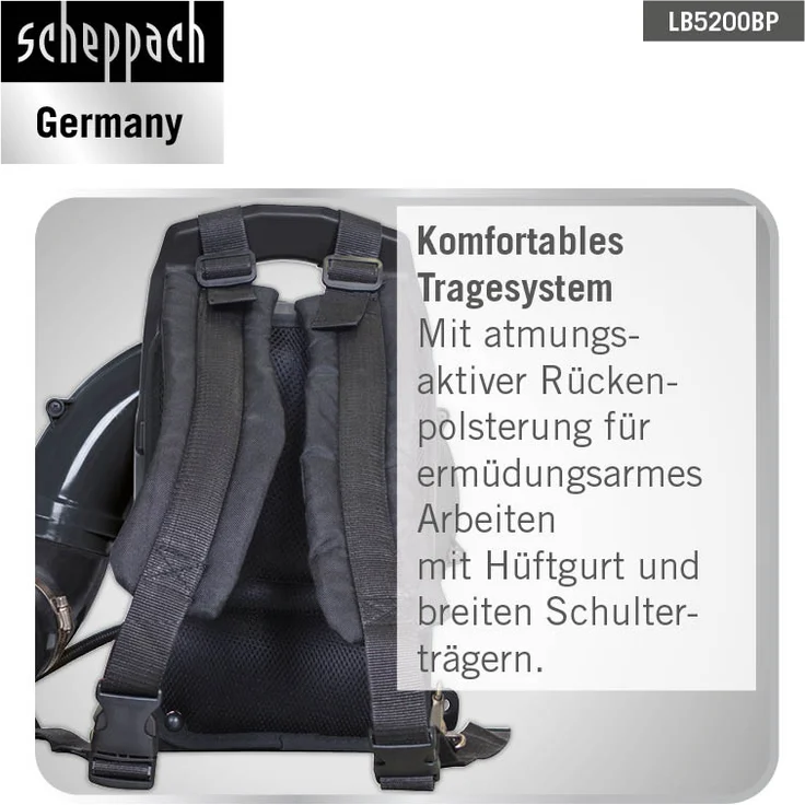 Scheppach Benzin Laubbläser LB5200BP, Anti-Vibrationssystem, 51,7 cm³ 2-Takt-Benzinmotor 1400W, Luftgeschwindigkeit 295 km/h, rückentragbar – Bild 10