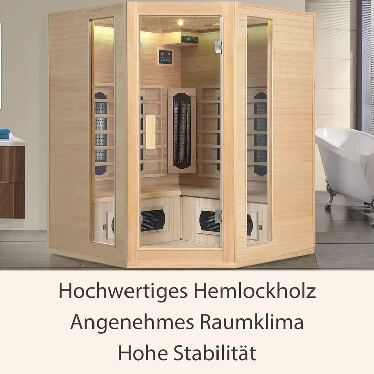 Artsauna Infrarotkabine Nyborg E150K – Infrarotsauna 4 Personen – LED-Farblicht, digitaler Steuerung, 7 Keramikstrahler, 1 Flächenstrahler – Hemlockholz, 150 x 150 x 190 cm – Bild 8