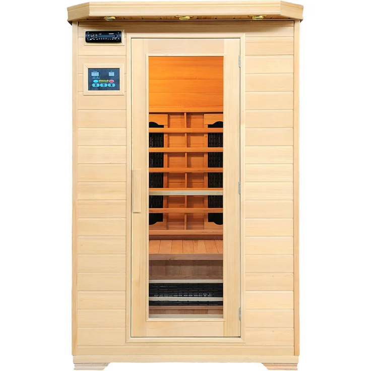 Artsauna Infrarotkabine Oslo – Keramikstrahler Infrarotsauna für 2 Personen – LED-Farblicht, digitale Steuerung – 120 x 100 cm – Hemlock-Holz – Bild 1