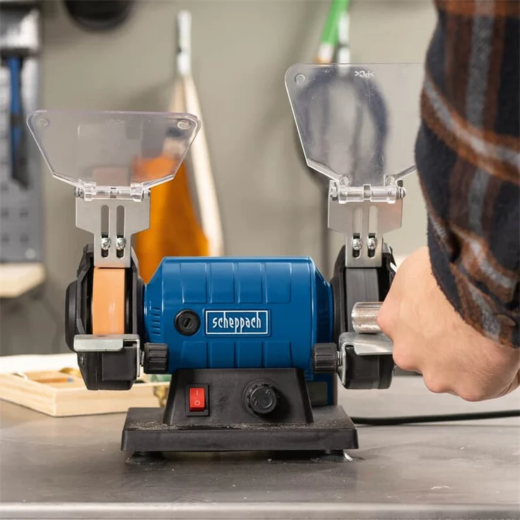 Scheppach Schleifmaschine HG35 Doppelschleifer | mit flexibler Welle und 103-tlg. Zubehörset | Ø75mm x 20mm Schleifscheibe (K120) & Polierscheibe (K400) | Werkstückauflage & Funkenschutz – Bild 6