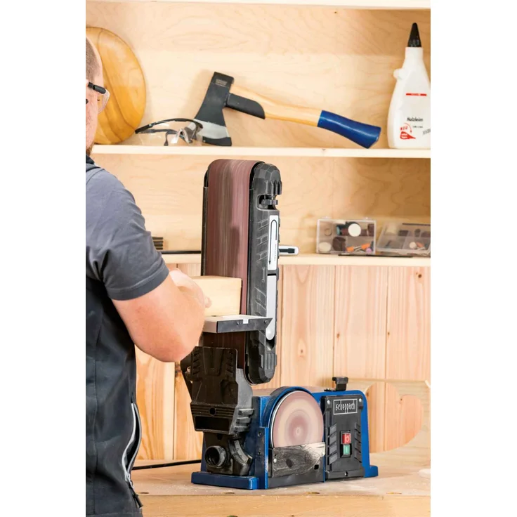 Scheppach Band-Tellerschleifer BTS900 mit Zubehör | Schleifmaschine mit 370W | 230V | 2850 min-1 | Schleifteller Ø 150mm | inkl. 3x Schleifpapier und 3x Schleifband | Bandschleifer Schleifgerät – Bild 5
