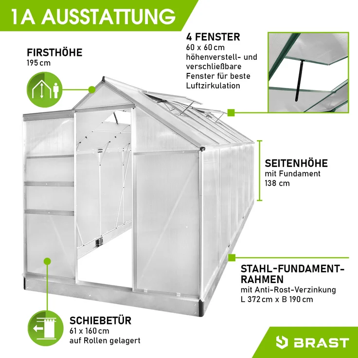 BRAST Gewächshaus Aluminium 380x190x195cm Silber mit Fundament rostfrei TÜV geprüft Alu Treibhaus Glashaus Tomatenhaus – Bild 7