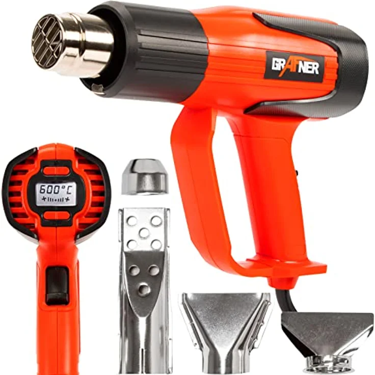Grafner digitale Heißluftpistole mit LCD Anzeige, 2000 Watt, regulierbar 60-600 °C in 10 Grad Schritten, 4 Düsen, 300 – 500 Liter/min wählbar, Entlacken, Schrumpfen, Heißluftgebläse LED Display – Bild 1