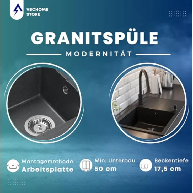 VBChome Granitspüle Schwarz 55 x 44 cm, Einzelbecken Einbauspüle, Reversibel, Gesprenkelt, Pflegeleichtes Spülbecken mit Siphon - Ideal für kleine Küchen – Bild 5