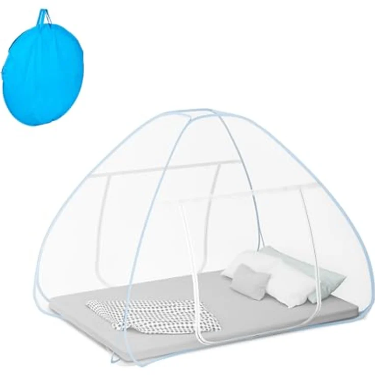 relaxdays Faltbares Moskitonetz, 180 x 200 x 150 cm, weiß/türkise Farbe, automatisches Pop-Up-Design, zwei Eingänge mit Reißverschlüssen, integrierte Bodenabdeckung – Bild 1