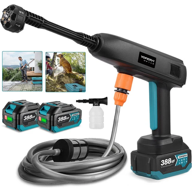 Yofidra Akku-Hochdruckreiniger YF-400, 45 Bar, 400 W, mobiler Hochdruckreiniger mit 2 x 3000mAh Akkus, 6-in-1 Düse, 336 l/h, blau