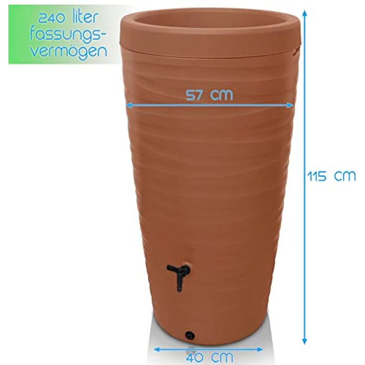 YourCasa Regentonne 240 Liter [Wave Design] Regenfass Frostsicher aus Kunststoff - Terracotta Regenwassertonne mit Wasserhahn - Modernes Regenwasserfass mit Pflanzschale – Bild 5