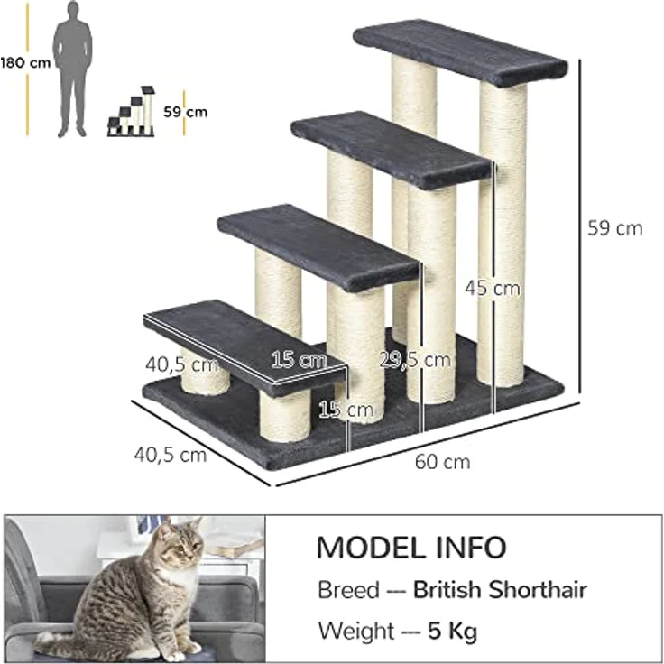 PawHut Tiertreppe Katzentreppe Hundetreppe 4 Stufen Treppe für Katze und Hunde Plüsch Grau 60 x 42 x 61 cm – Bild 3