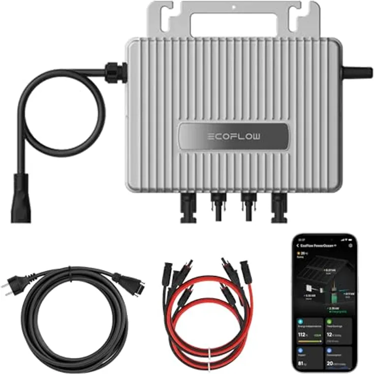 SUNNIVA EcoFlow Stream Mikro-Wechselrichter 800 W, Plug-&-Play für Balkonkraftwerk, 2× MPPT, IP67, WLAN & Bluetooth, inkl. 5 m Anschlusskabel + 4× 1 m Solar-Verlängerungskabel