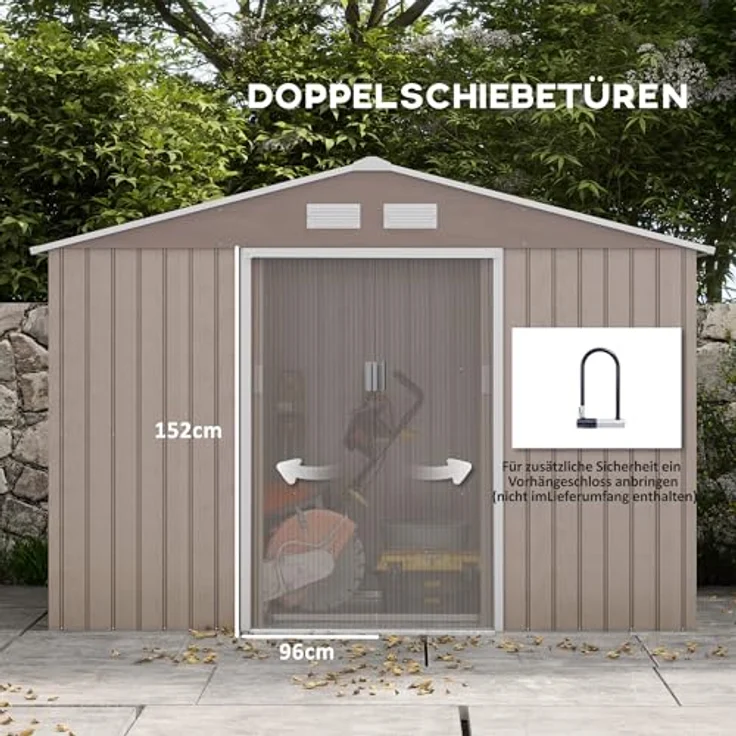 Outsunny Gerätehaus 4,9 m², Gartenhaus mit Pultdach, Schiebetür, Fundament, 277 x 195 x 192 cm, Verzinkter Stahl, wetterfest, Hellbraun – Bild 4
