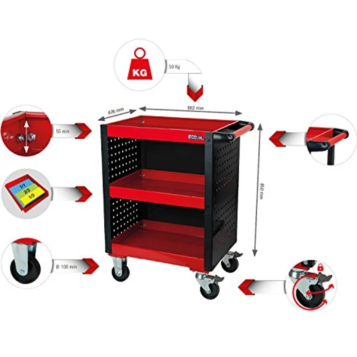 KSTOOLS ECOline Werkstatt-Servicewagen, rot, aus Stahlblech mit 3 Etagen und seitlicher Lochplattenverkleidung, Gesamttragkraft 150 kg – Bild 2