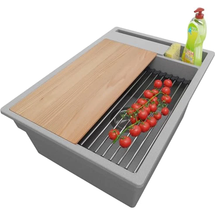 Primagran Spülbecken Oslo Pocket in Grau 38x53cm, Granitspüle mit 1 Becken + Ablauf-Set + Küchenzubehörset, ab 40er Unterschrank geeignet – Bild 1