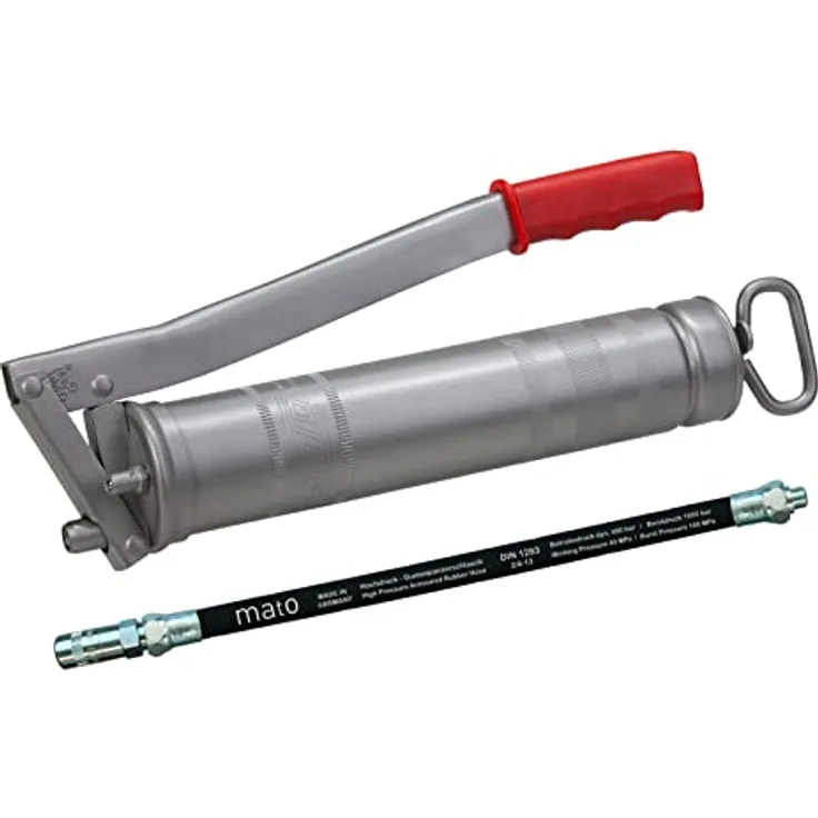 MATO E500 Ganzstahl-Kartuschenpistole, hochwertige Fettpresse mit Hochdruck-Gummipanzerschlauch M10x1 für 400g/500g Kartuschen