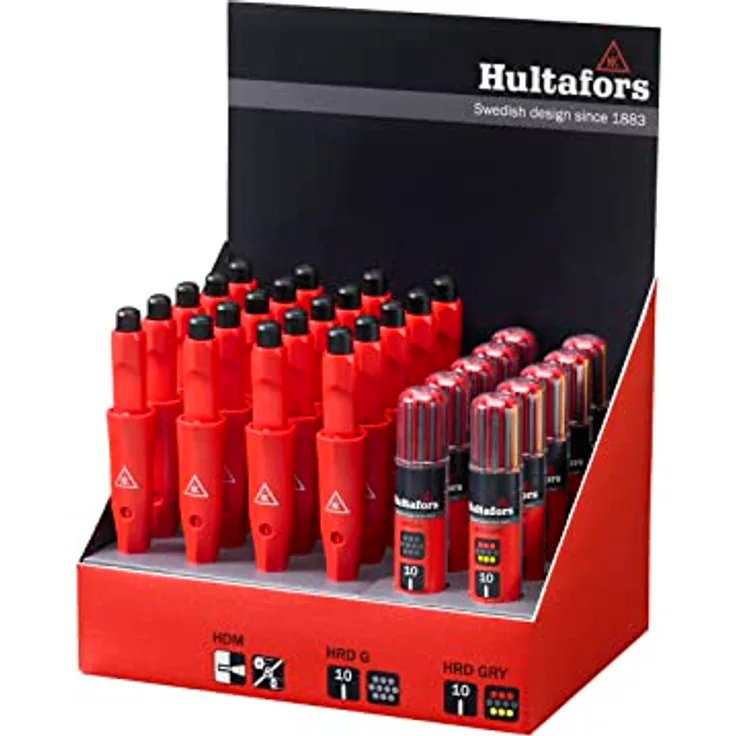 Hultafors Trockenmarker (1 Display mit 20 Markern und 10x Nachfüllset, mit Grafitminen, Kreideminen) 483182