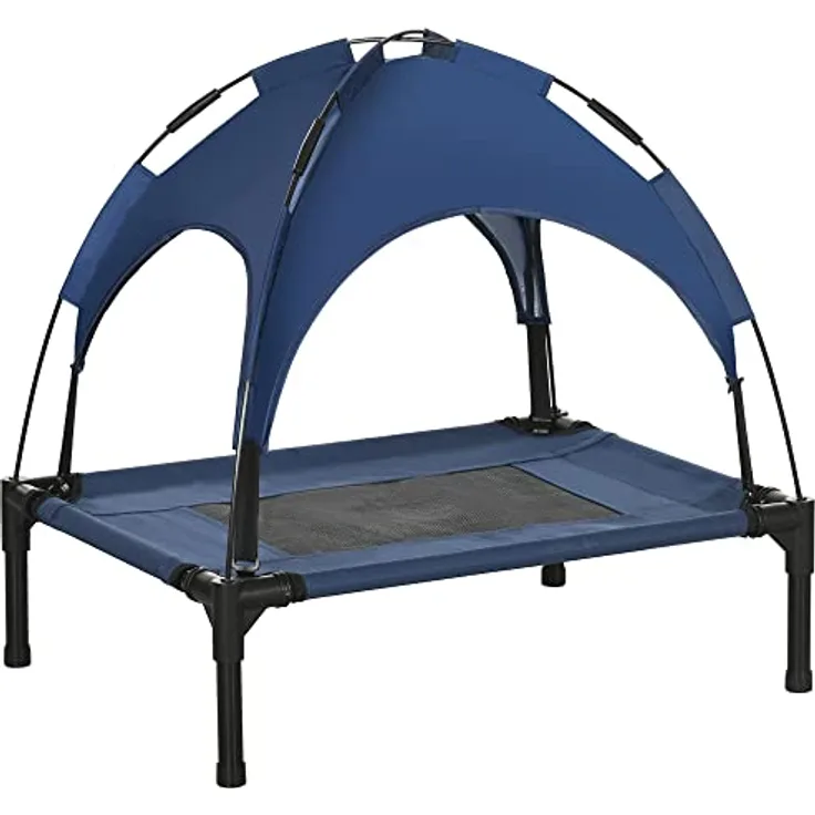 PawHut Erhöhtes Hundebett mit Baldachin, Haustierbett mit UV-Schutz, Hundeliege Outdoor mit Dach, Atmungsaktiv, Taftstoff für Camping Dunkelblau 61 x 46 x 62 cm