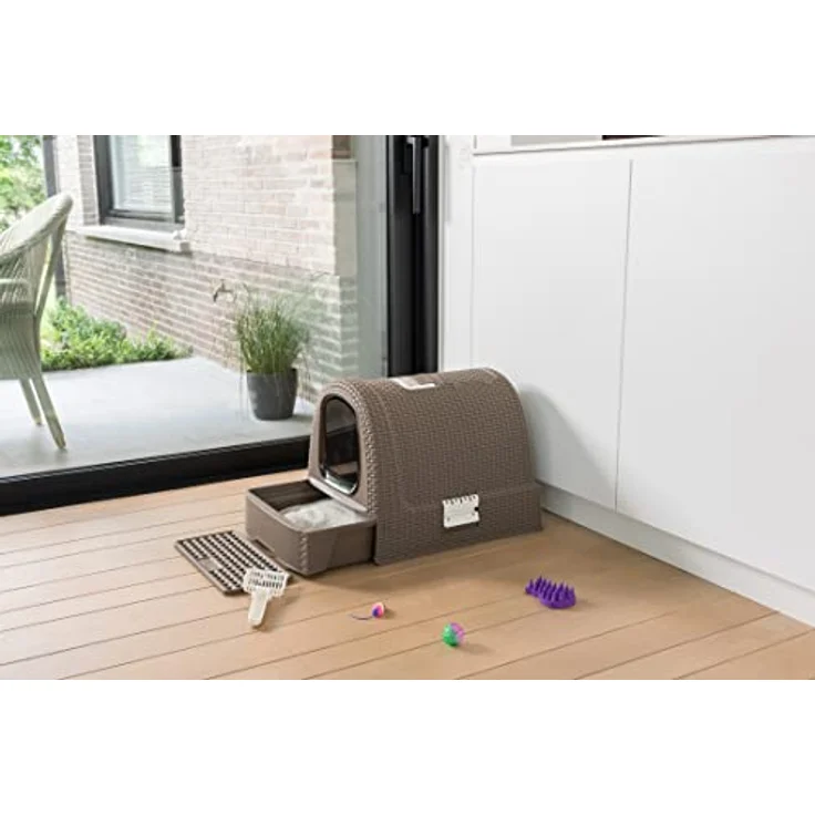 Curver petlife Katzentoilette mit Deckel, Katzenklo inklusive Schaufel, Moderne Rattangeflecht-Optik, Mokka, 51,5 x 38,5 x 40 cm – Bild 4
