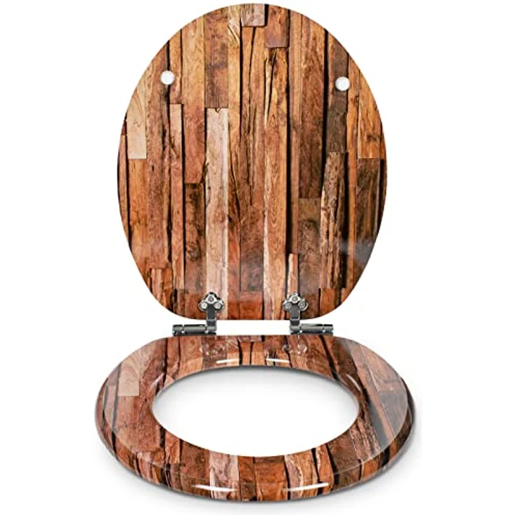 Sanfino WC Sitz Industrial Wood, Toilettendeckel aus Holz mit Absenkautomatik, braun, verchromte Metallscharniere, einfache Montage – Bild 3