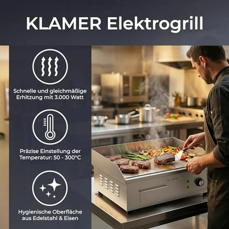 KLAMER Elektrogrill XL, 3000W Edelstahl mit 54,5x38,5 cm Grillplatte, stufenlos einstellbar 50–300°C, mit Spritzschutz und Auffangbehälter für Balkon & Gastronomie – Bild 2