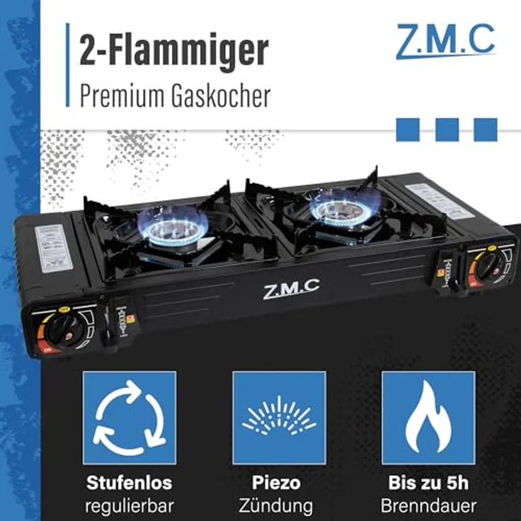 Z.M.C PREMIUM Camping Gaskocher 2-flammig + Grillplatte 45x24 cm + 8 Gaskartuschen 227g, mit Zündsicherung und Piezozündung, für Outdoor und Innenraum, Balkon Doppelgaskocher – Bild 2