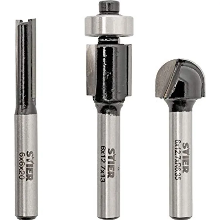 STIER Fräser-Set 3-teilig, 6 mm Schaft, Nutfräser, Bündigfräser, Rundkantenfräser, für Holz, Holzfräser, Holzbearbeitung, Holzschneider, aus Hartmetall