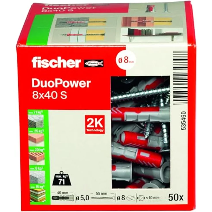 fischer DuoPower 8 x 40 S, Universaldübel mit Sicherheitsschraube, 2-Komponenten-Dübel für Beton, Ziegel, Stein und Gipskarton, 50 Dübel + 50 Schrauben – Bild 2