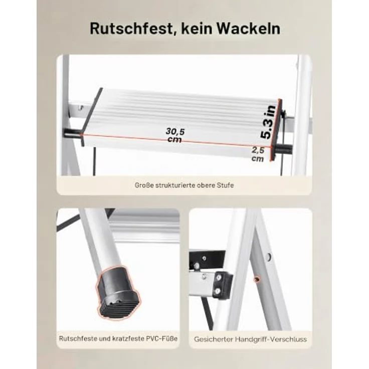 VEVOR Trittleiter 5 Stufen, Klappleiter mit Anti-Rutsch-Stufen, 150 kg Tragkraft, Aluminium Sicherheitsleiter mit praktischem Handgriff, Silber – Bild 3