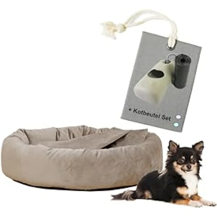 Rohrschneider Hundekissen Kuschelhöhle Denver Samt S-M-L mit Hundekotbeutelset (S, Taupe) – Bild 1