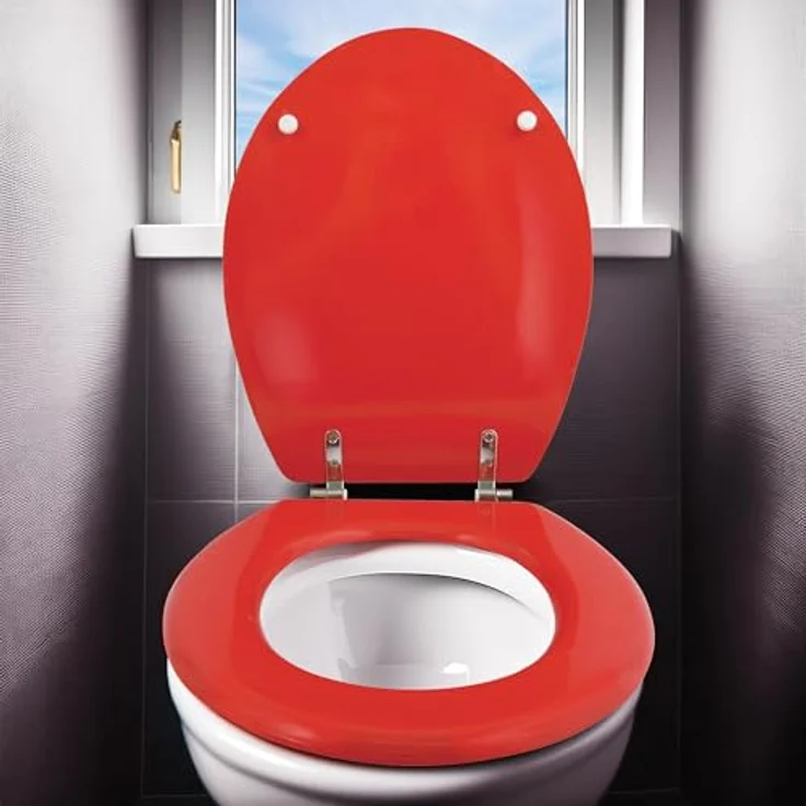 MSV WC-Sitz Cleo, MDF 45 cm x 37 cm x 5,6 cm, rot glänzend, feuchtigkeitsresistent, rostfreie Scharniere, rutschfest – Bild 10