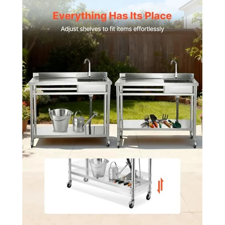 VEVOR Edelstahl Spültisch mit Wasserhahn & Rädern, 1200 x 500 x 1055 mm, Multifunktionsdesign für Garage und Restaurant, verstellbare Ablage, 360° drehbarer Wasserhahn – Bild 6