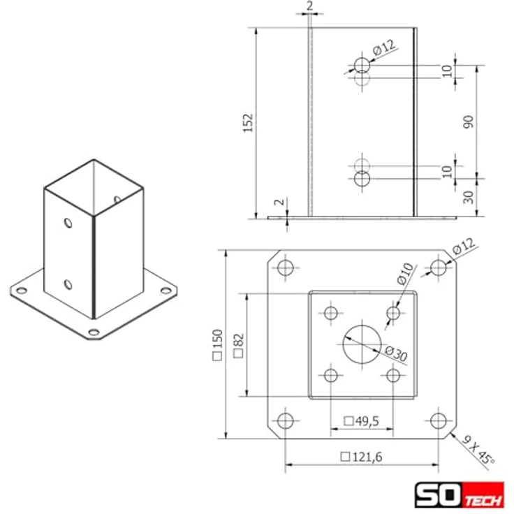 SO-TECH® Pfostenträger für Vierkantholz, feuerverzinkt, 2er Set, Höhe 152 mm, für Gartenpfosten 80 x 80 mm mit 8 Schrauben – Bild 7