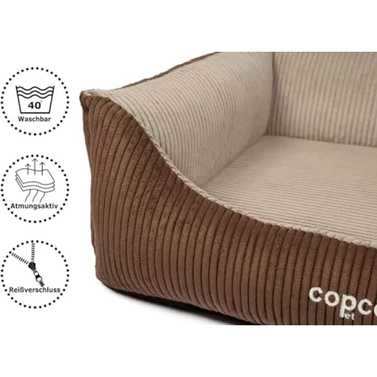 CopcoPet Orthopädisches Hundebett Kyra in Cord Stoff S 70x55cm Braun/Beige - Viskose Hundekissen mit waschbarem Bezug & erhöhten Rändern – Bild 2