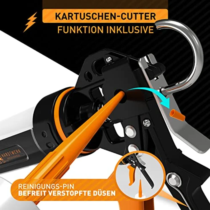 Hardtwerk® Kartuschenpistole 360° drehbar mit Cutter, 18:1 Übersetzung für präzise Dosierung bei Silikon und Acryl, geeignet für 150-310 ml Kartuschen – Bild 3