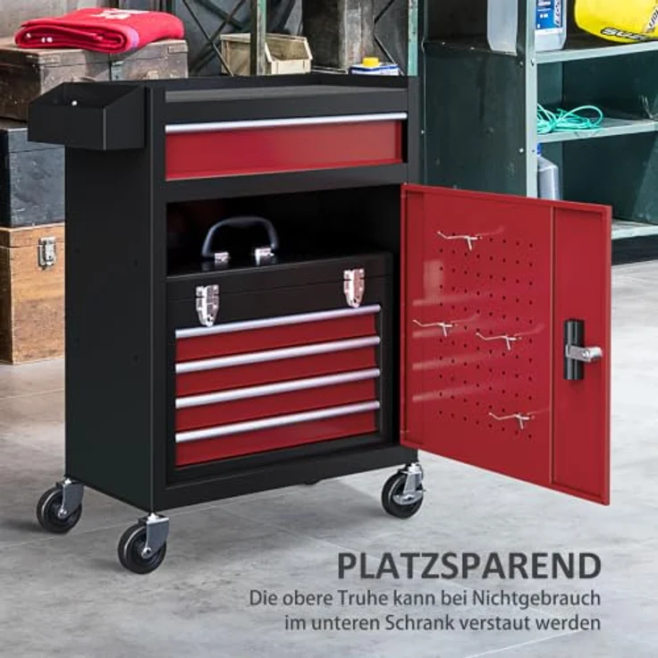 HOMCOM Werkstattwagen abschließbar, mit Rollen, Pulverbeschichtung, 130 kg Traglast, Schwarz/Rot, inkl. 1-tlg. Werkzeugset – Bild 5